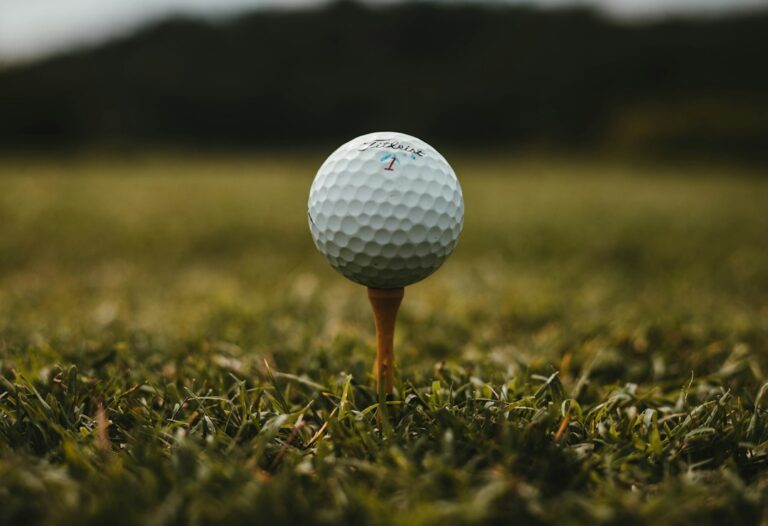 Close-up of a white golf ball on the course